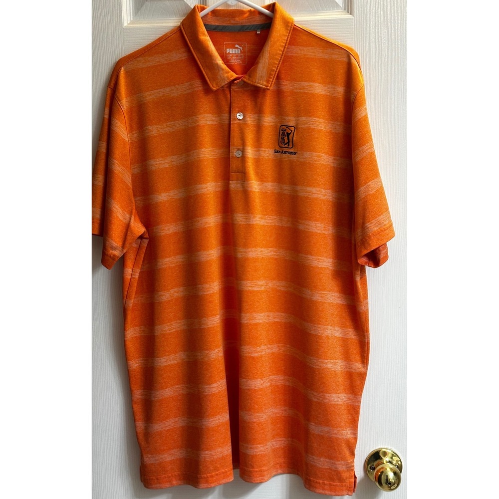 Puma Golf Shirt Mens XL Orange Heather Striped TPC San Antonio Polo Short Sleeve